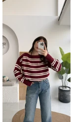 Liora Kayık Yaka Çizgili Kazak - Bordo