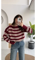 Liora Kayık Yaka Çizgili Kazak - Bordo