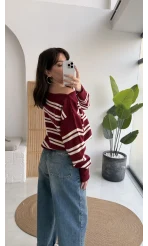 Liora Kayık Yaka Çizgili Kazak - Bordo