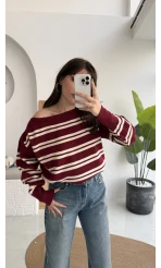 Liora Kayık Yaka Çizgili Kazak - Bordo