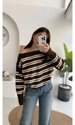 Liora Kayık Yaka Çizgili Kazak - Kahverengi