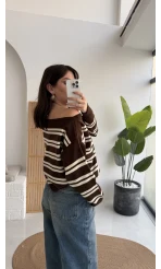 Liora Kayık Yaka Çizgili Kazak - Kahverengi