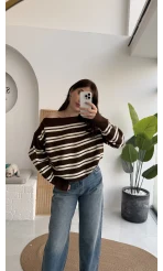 Liora Kayık Yaka Çizgili Kazak - Kahverengi