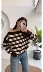 Liora Kayık Yaka Çizgili Kazak - Kahverengi