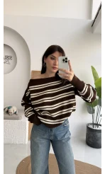 Liora Kayık Yaka Çizgili Kazak - Kahverengi