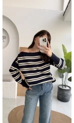 Liora Kayık Yaka Çizgili Kazak - Lacivert