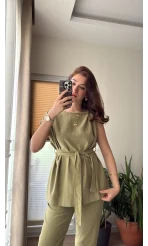 Lipa Omuz Detay Kuşaklı Takım - Haki - 8644