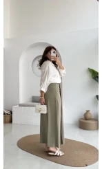 Lotus Yırtmaçlı Büzgülü Etek - Haki - 3345