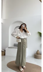 Lotus Yırtmaçlı Büzgülü Etek - Haki - 3345