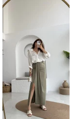 Lotus Yırtmaçlı Büzgülü Etek - Haki - 3345