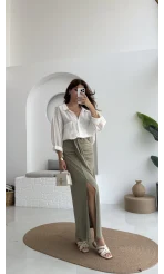 Lotus Yırtmaçlı Büzgülü Etek - Haki - 3345