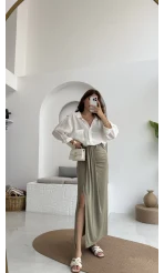 Lotus Yırtmaçlı Büzgülü Etek - Haki - 3345