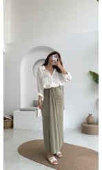 Lotus Yırtmaçlı Büzgülü Etek - Haki - 3345