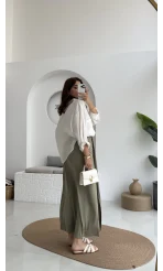 Lotus Yırtmaçlı Büzgülü Etek - Haki - 3345