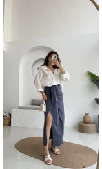 Lotus Yırtmaçlı Büzgülü Etek - İndigo - 3345