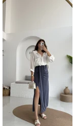 Lotus Yırtmaçlı Büzgülü Etek - İndigo - 3345