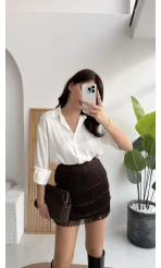 Louis Püsküllü Saten Etek - Acı Kahve - Kod: 3363