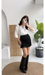 Louis Püsküllü Saten Etek - Siyah - Kod: 3363