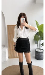 Louis Püsküllü Saten Etek - Siyah - Kod: 3363