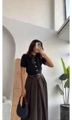 Lovelyy Poliviskon Kemerli Midi Etek - Koyu Kahve - Kod: 3360