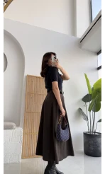 Lovelyy Poliviskon Kemerli Midi Etek - Koyu Kahve - Kod: 3360