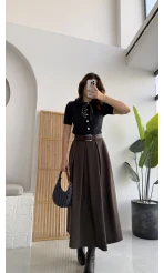 Lovelyy Poliviskon Kemerli Midi Etek - Koyu Kahve - Kod: 3360