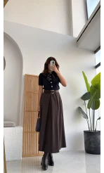 Lovelyy Poliviskon Kemerli Midi Etek - Koyu Kahve - Kod: 3360