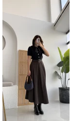 Lovelyy Poliviskon Kemerli Midi Etek - Koyu Kahve - Kod: 3360