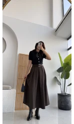 Lovelyy Poliviskon Kemerli Midi Etek - Koyu Kahve - Kod: 3360