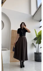 Lovelyy Poliviskon Kemerli Midi Etek - Koyu Kahve - Kod: 3360