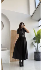 Lovely Poliviskon Kemerli Midi Etek - Siyah - Kod: 3360