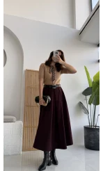 Lovelyy Poliviskon Kemerli Midi Etek - Bordo - Kod: 3360