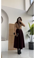 Lovelyy Poliviskon Kemerli Midi Etek - Bordo - Kod: 3360