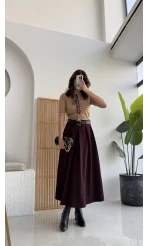 Lovelyy Poliviskon Kemerli Midi Etek - Bordo - Kod: 3360