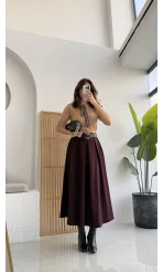 Lovelyy Poliviskon Kemerli Midi Etek - Bordo - Kod: 3360