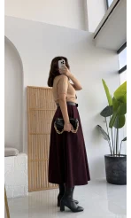 Lovelyy Poliviskon Kemerli Midi Etek - Bordo - Kod: 3360