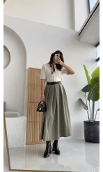 Lovelyy Poliviskon Kemerli Midi Etek - Haki - Kod: 3360