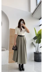 Lovelyy Poliviskon Kemerli Midi Etek - Haki - Kod: 3360