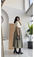 Lovelyy Poliviskon Kemerli Midi Etek - Haki - Kod: 3360