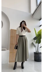 Lovelyy Poliviskon Kemerli Midi Etek - Haki - Kod: 3360