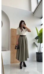 Lovelyy Poliviskon Kemerli Midi Etek - Haki - Kod: 3360