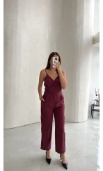 Luena Beli Lastikli Askılı Tulum - Bordo - Kod: 580976