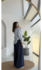 Luena Dantelli Çizgili Gömlek - Mavi - Kod: 4958