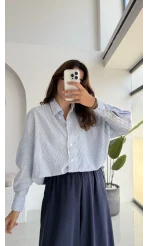 Luena Dantelli Çizgili Gömlek - Mavi - Kod: 4958