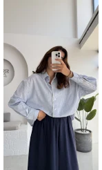 Luena Dantelli Çizgili Gömlek - Mavi - Kod: 4958