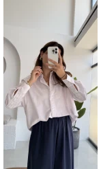 Luena Dantelli Çizgili Gömlek - Pembe - Kod: 4958