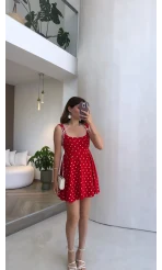 Luena Puantiye Desenli Askılı Mini Elbise - Kırmızı - Kod: 4154