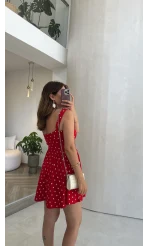 Luena Puantiye Desenli Askılı Mini Elbise - Kırmızı - Kod: 4154