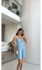 Luena Puantiye Desenli Askılı Mini Elbise - Mavi - Kod: 4154
