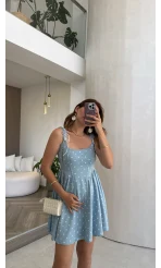 Luena Puantiye Desenli Askılı Mini Elbise - Mavi - Kod: 4154